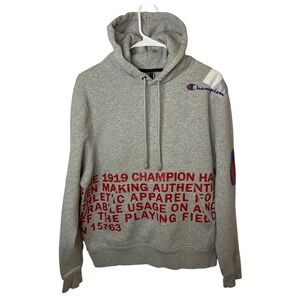 Champion‎ Hoodie Mens Medium Gray Graphic Pullover Logo Sleeve Sweatshirt